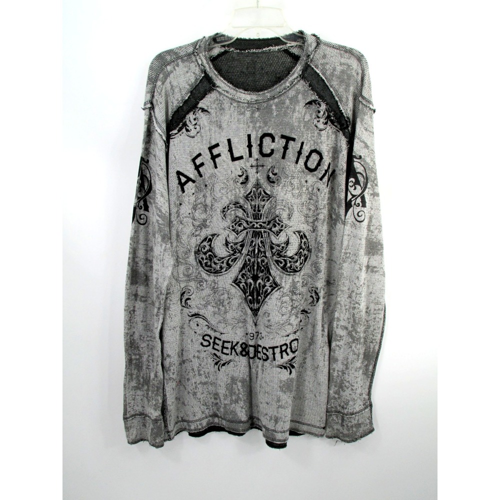 Affliction Mens XL Gray Black Thermal Shirt Seek & Destroy Graphic Pullover